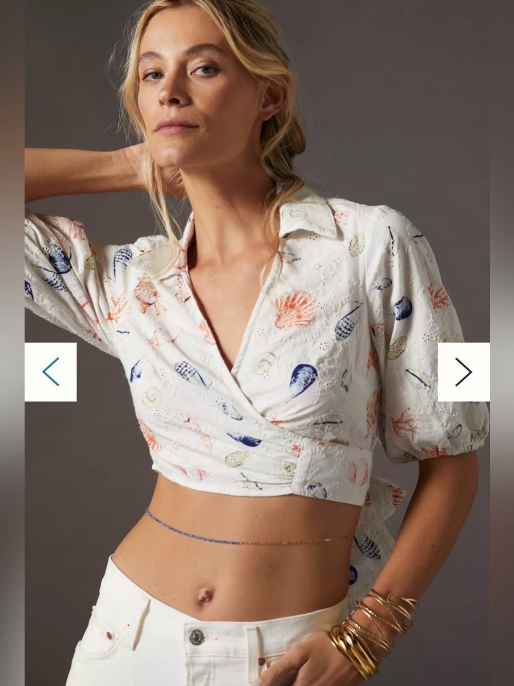 Anthropology Maeve Size Medium cropped blouse, Seashell Print Tie-Front Top